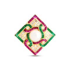 18K Yellow Gold Pearl, Diamond, Ruby and Emerald Rhombus Square Mosaic Earrings