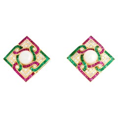 18K Yellow Gold Pearl, Diamond, Ruby and Emerald Rhombus Square Mosaic Earrings