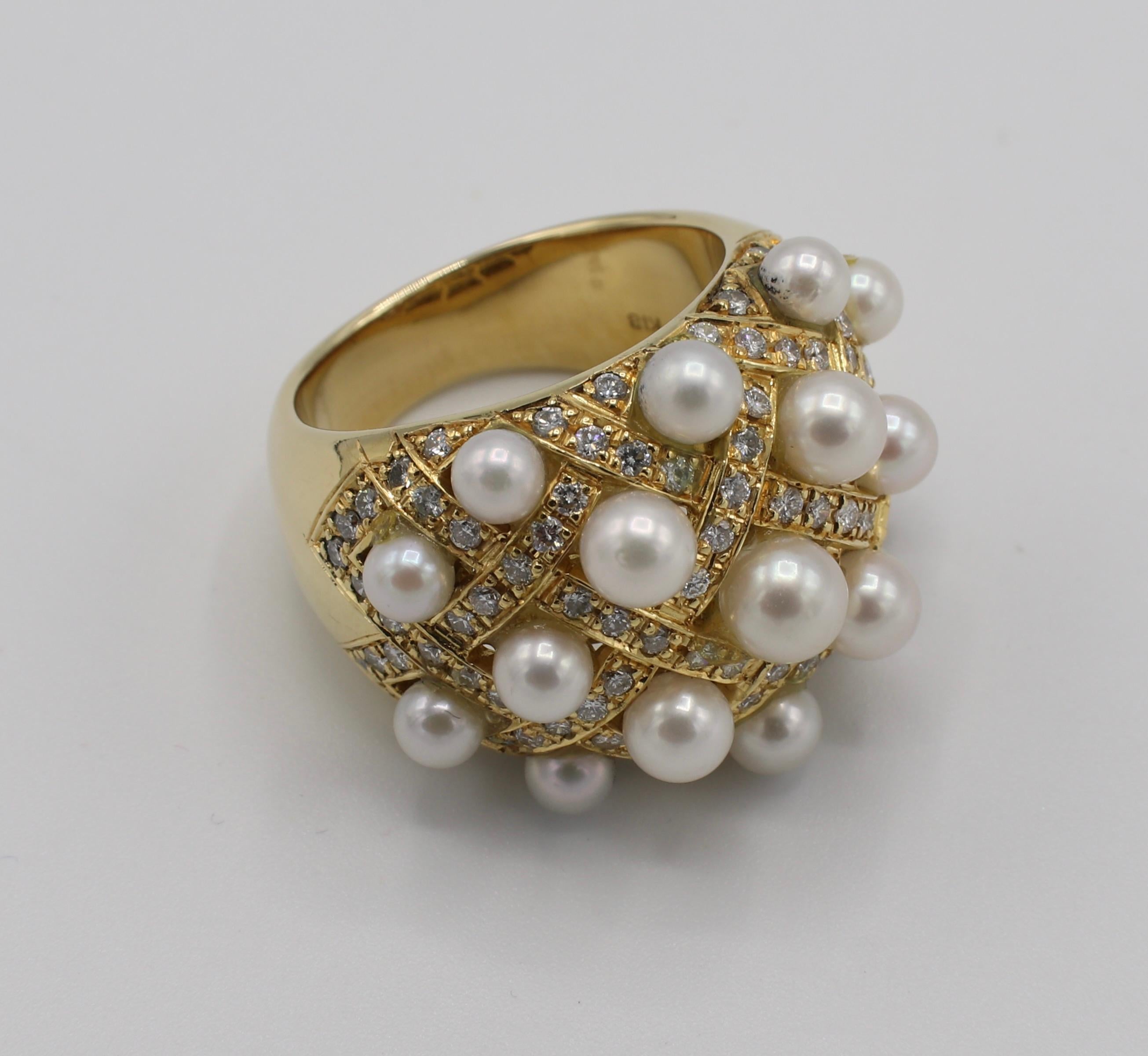 18K Yellow Gold Pearl & Diamond Woven Cocktail Ring Size 6
Metal: 18K yellow gold
Weight: 16.43 grams
Diamonds: 0.86 CTW G VG round brilliant cut diamonds 
Size: 6 (US)
Top of ring is 16.5mm wide
Bottom of ring is 5mm wide 
