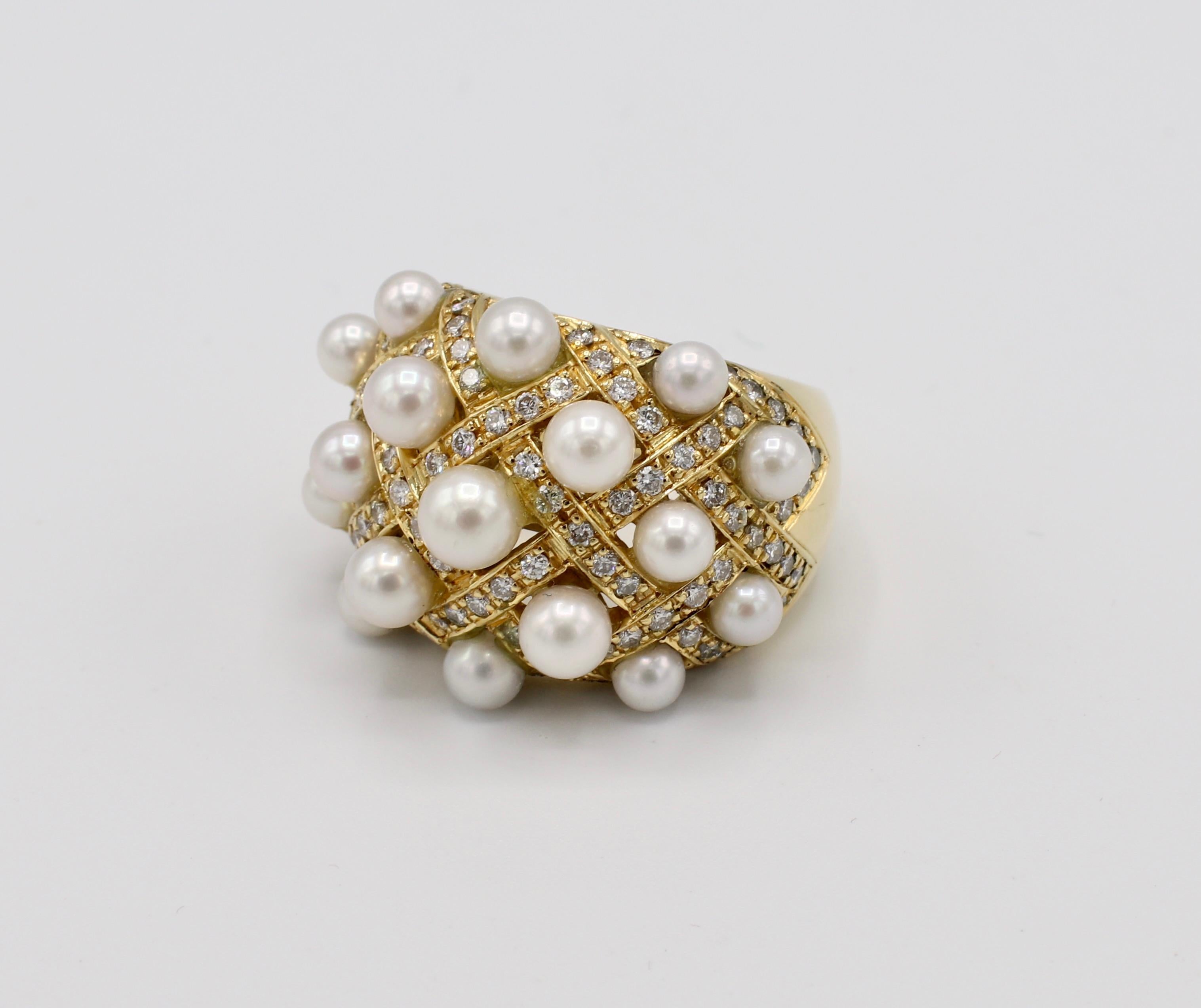 18 Karat Yellow Gold Pearl and Diamond Woven Cocktail Ring In Good Condition In  Baltimore, MD
