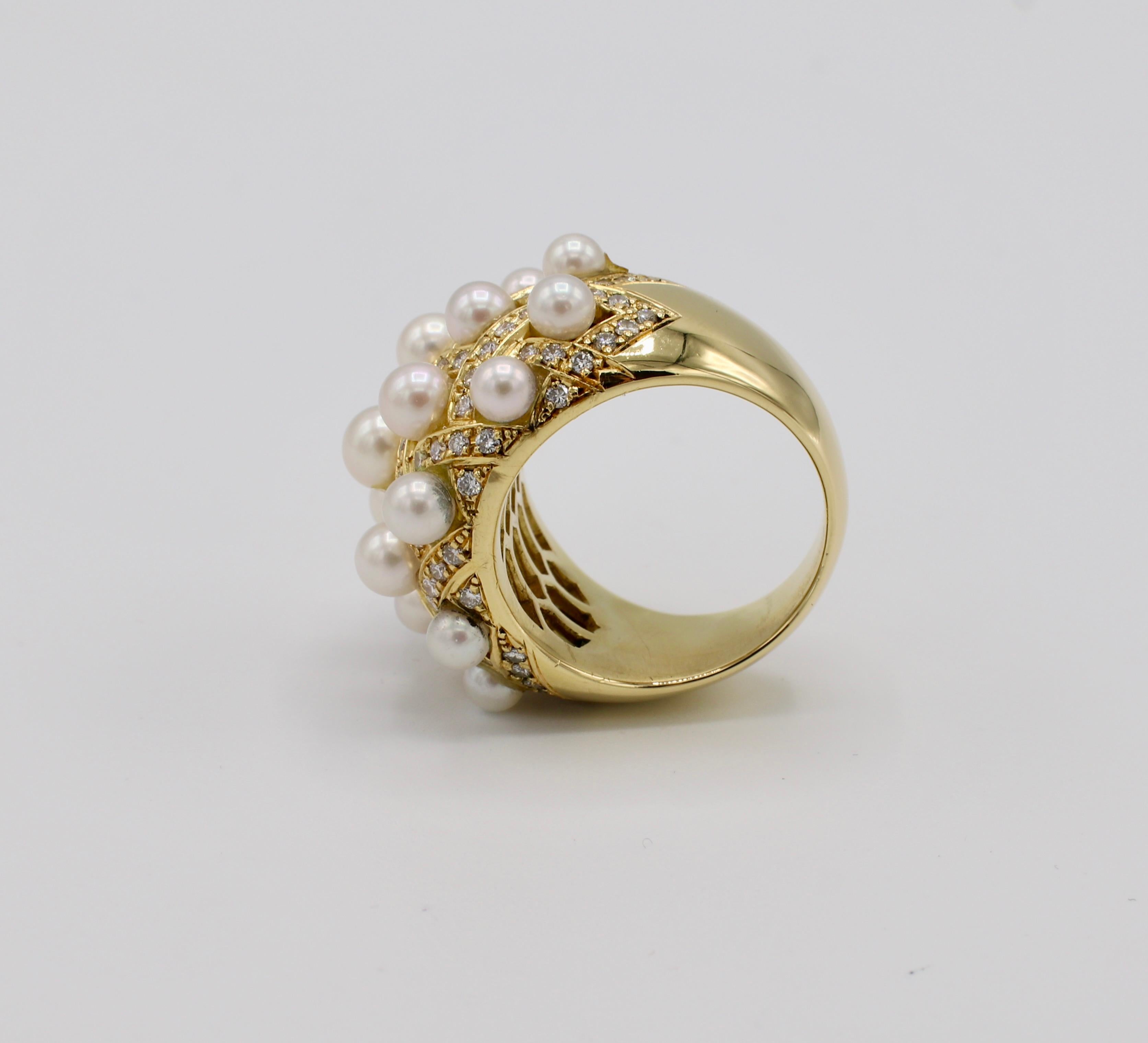 Women's 18 Karat Yellow Gold Pearl and Diamond Woven Cocktail Ring