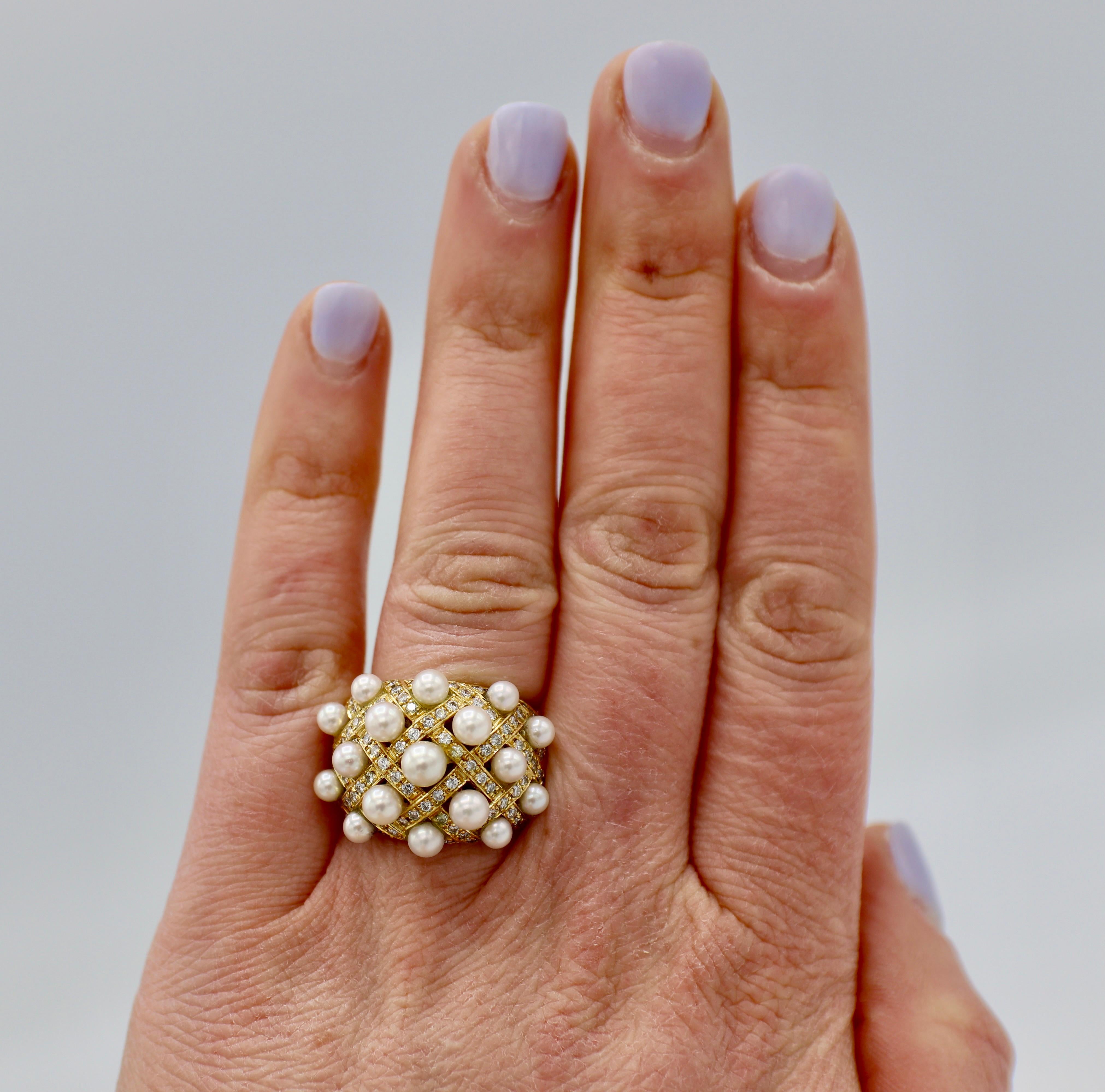 18 Karat Yellow Gold Pearl and Diamond Woven Cocktail Ring 1