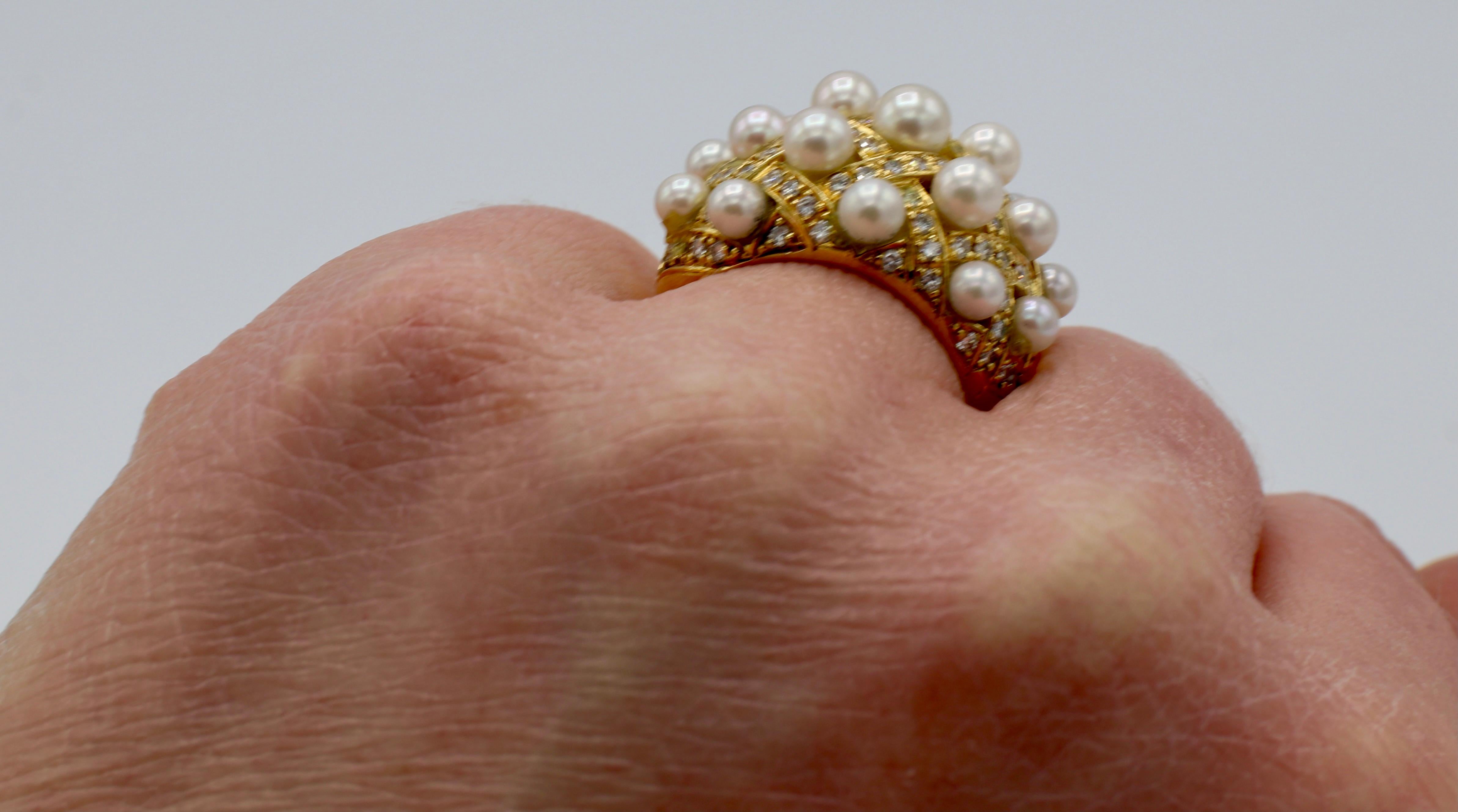 18 Karat Yellow Gold Pearl and Diamond Woven Cocktail Ring 3