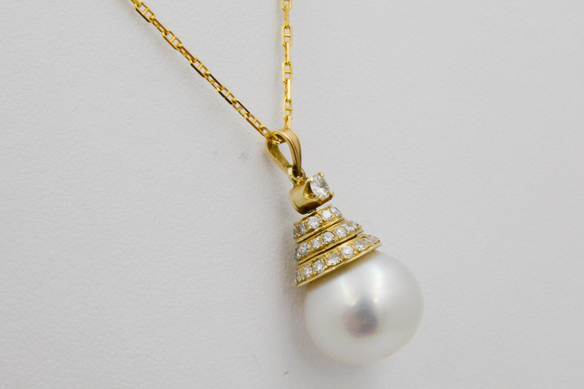 Modern 18 Karat Yellow Gold Pearl Drop .48 Carat Diamond Pendant