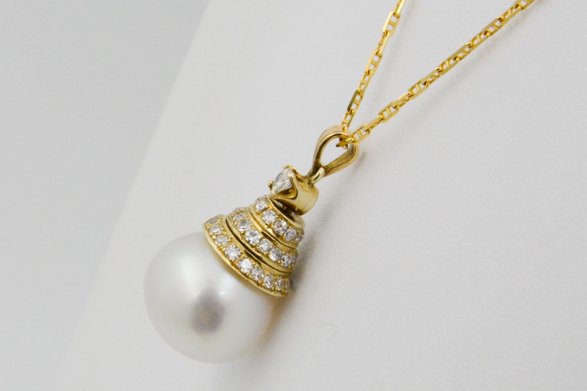 18 Karat Yellow Gold Pearl Drop .48 Carat Diamond Pendant In Excellent Condition In Dallas, TX