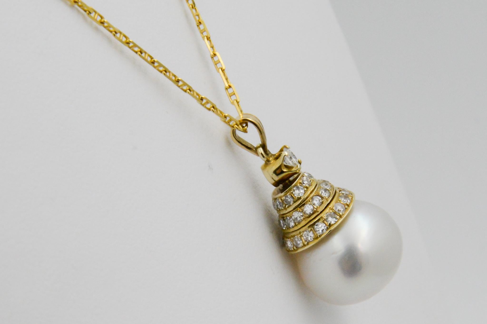 Women's 18 Karat Yellow Gold Pearl Drop .48 Carat Diamond Pendant