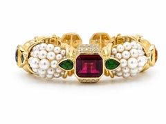 Bracciale rigido flessibile in oro giallo 18 carati con perla, iolite, granato, citrino e diamanti