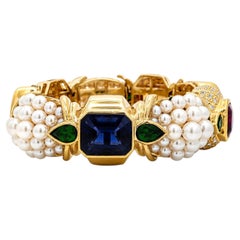 Bracciale rigido flessibile in oro giallo 18 carati con perla, iolite, granato, citrino e diamanti