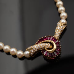 18K Yellow Gold Pearl, Ruby, and Diamond Necklace, Contemporary Design
