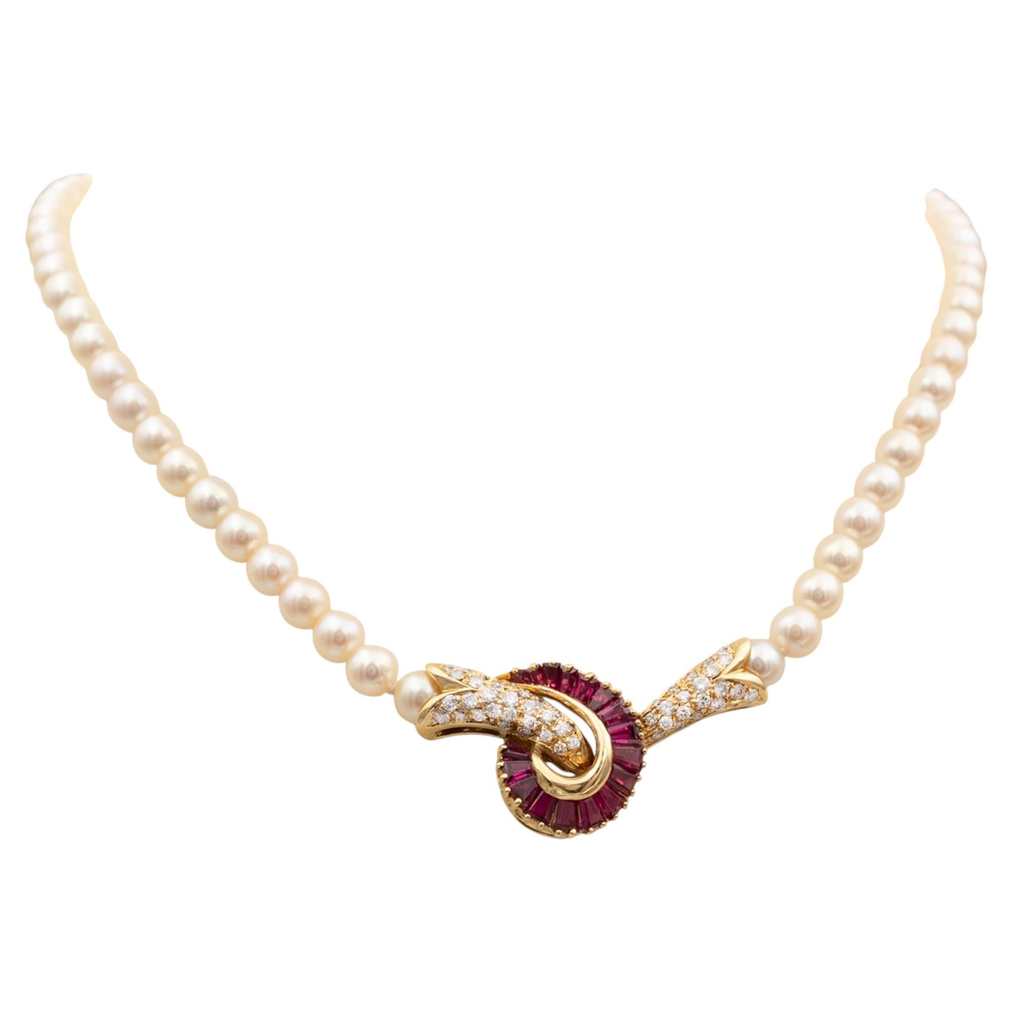 18K Yellow Gold Pearl, Ruby, and Diamond Necklace, Contemporary Design