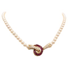 18K Yellow Gold Pearl, Ruby, and Diamond Necklace, Contemporary Design