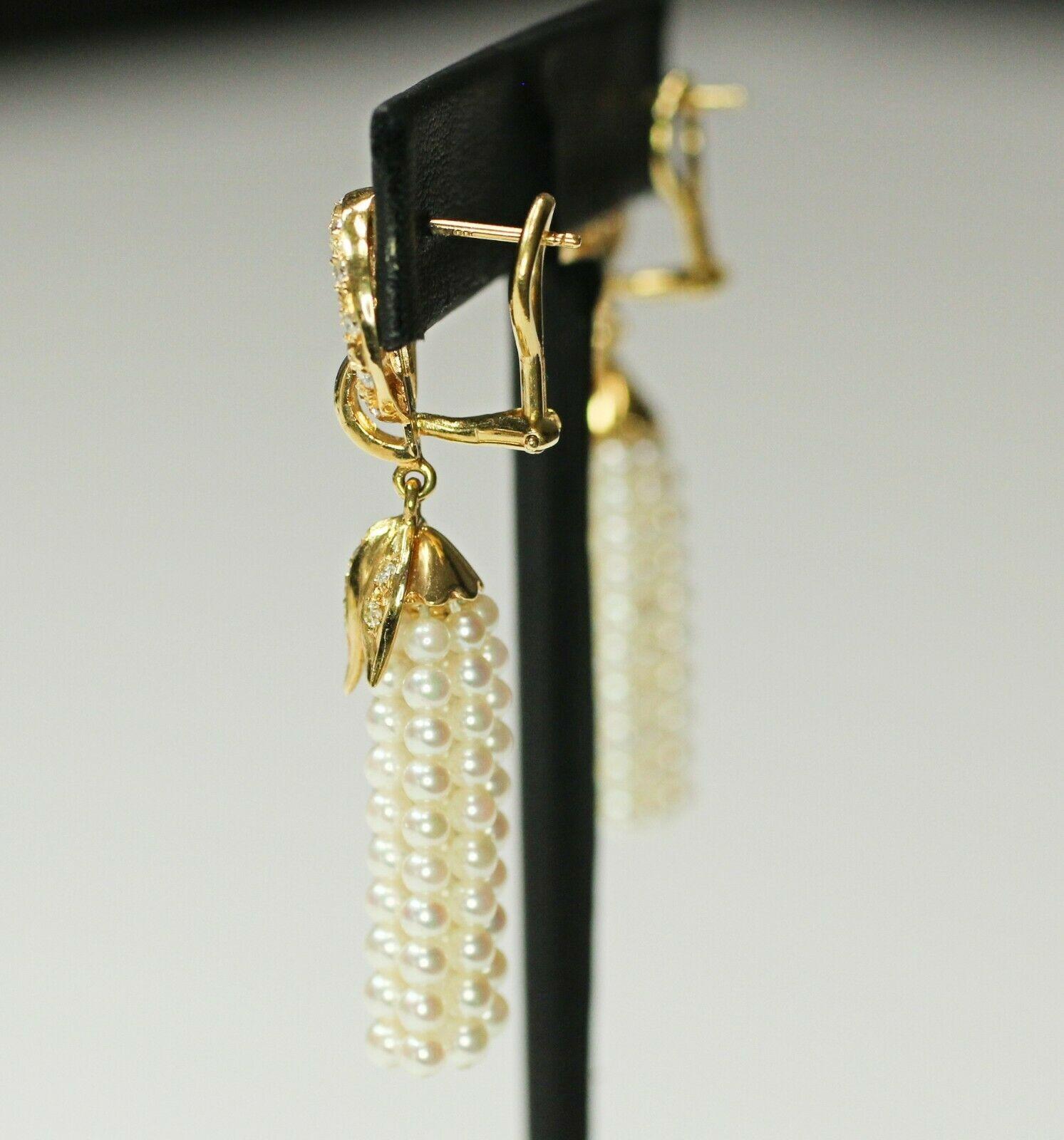 Contemporary 18k Yellow Gold Pearl Tassel Earrings with Diamonds For Sale