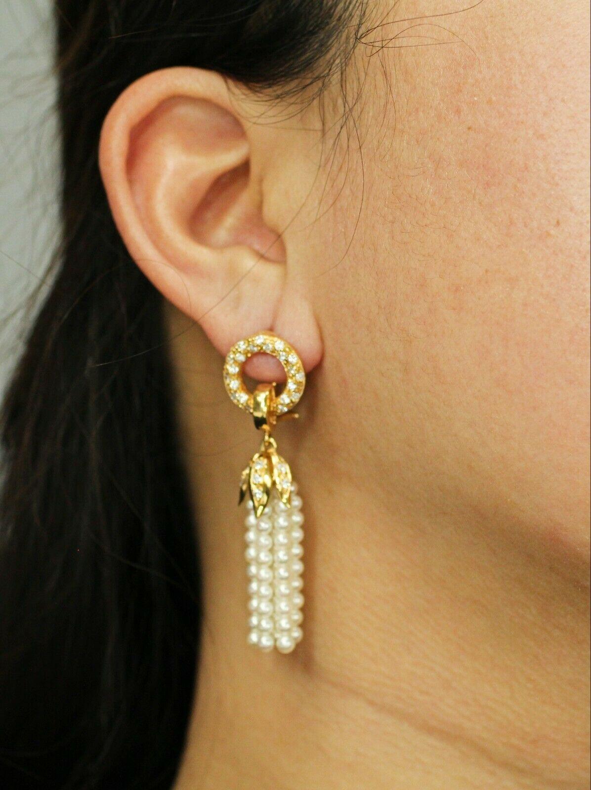 Women's or Men's 18k Yellow Gold Pearl Tassel Earrings with Diamonds For Sale