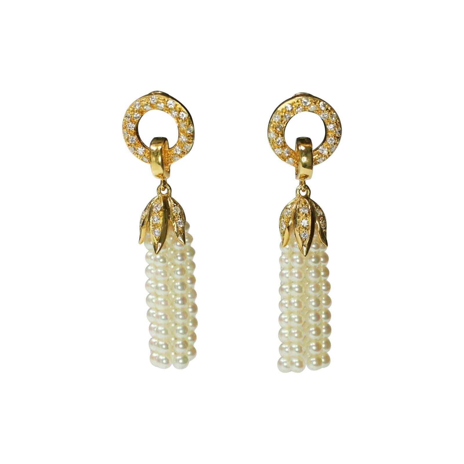 18k Yellow Gold Pearl Tassel Earrings with Diamonds For Sale