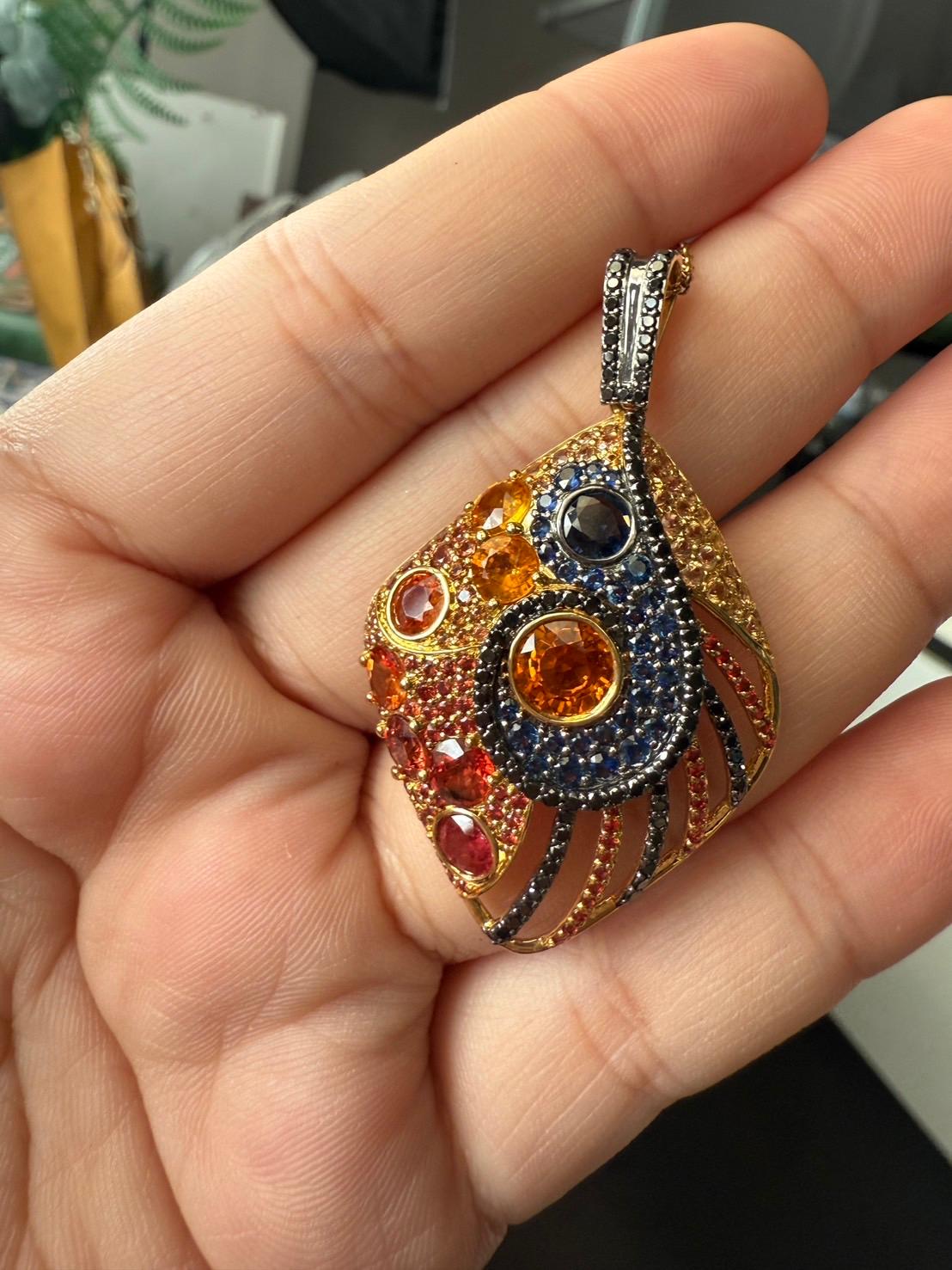 18K Yellow Gold Pendant Black Diamond With Blue Sapphire and Orange Sapphire For Sale 5