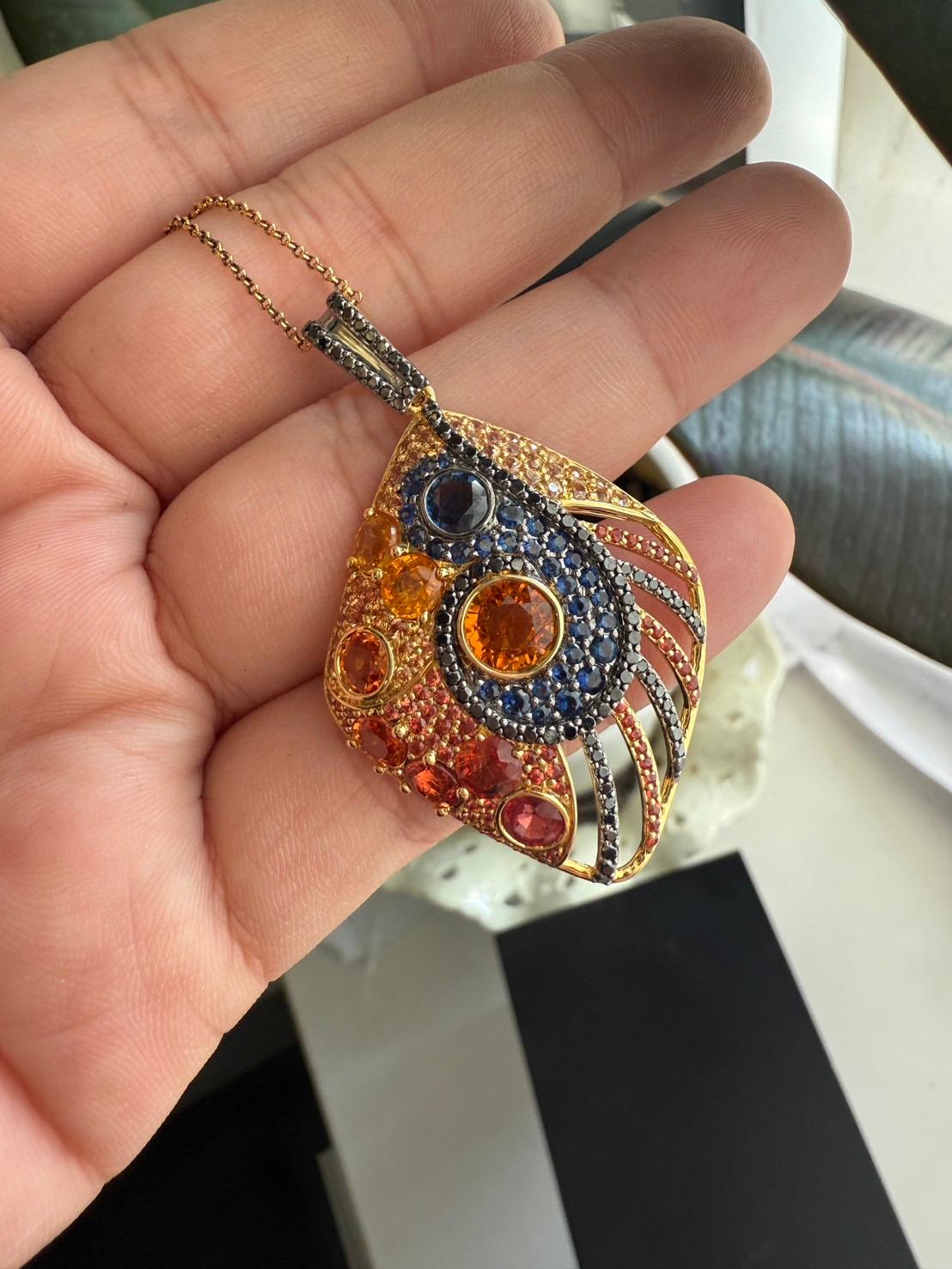 18K Yellow Gold Pendant Black Diamond With Blue Sapphire and Orange Sapphire For Sale 6