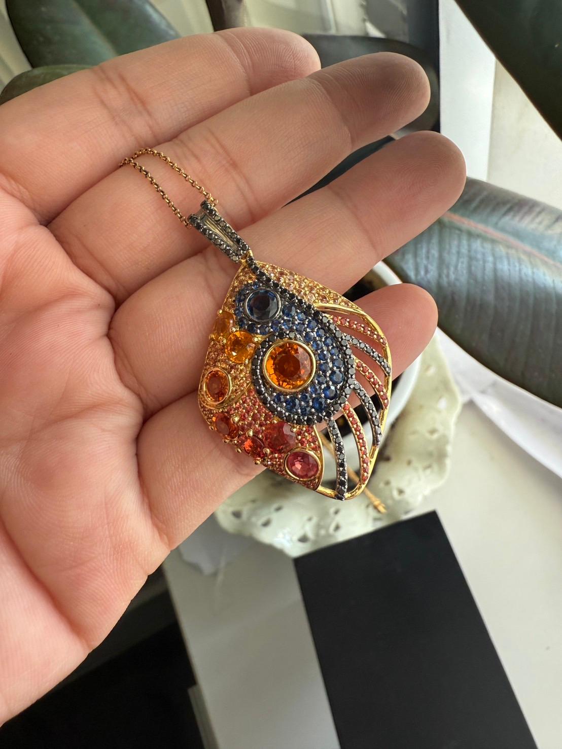 18K Yellow Gold Pendant Black Diamond With Blue Sapphire and Orange Sapphire For Sale 7