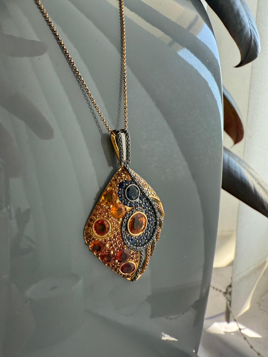 18K Yellow Gold Pendant Black Diamond With Blue Sapphire and Orange Sapphire For Sale 8