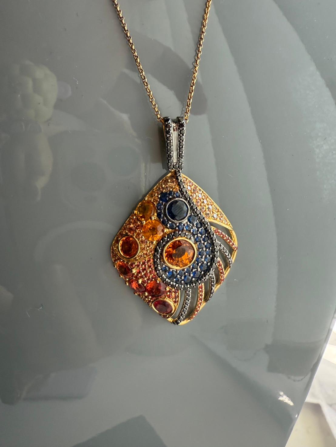 18K Yellow Gold Pendant Black Diamond With Blue Sapphire and Orange Sapphire For Sale 9