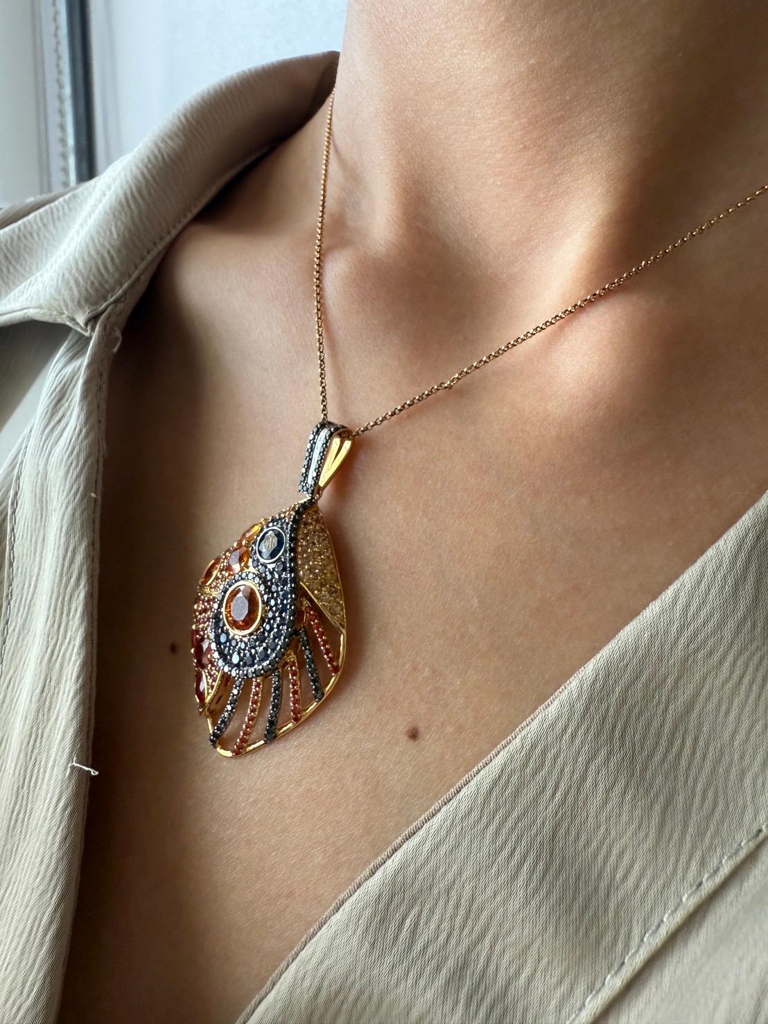 18K Yellow Gold Pendant Black Diamond With Blue Sapphire and Orange Sapphire For Sale 10