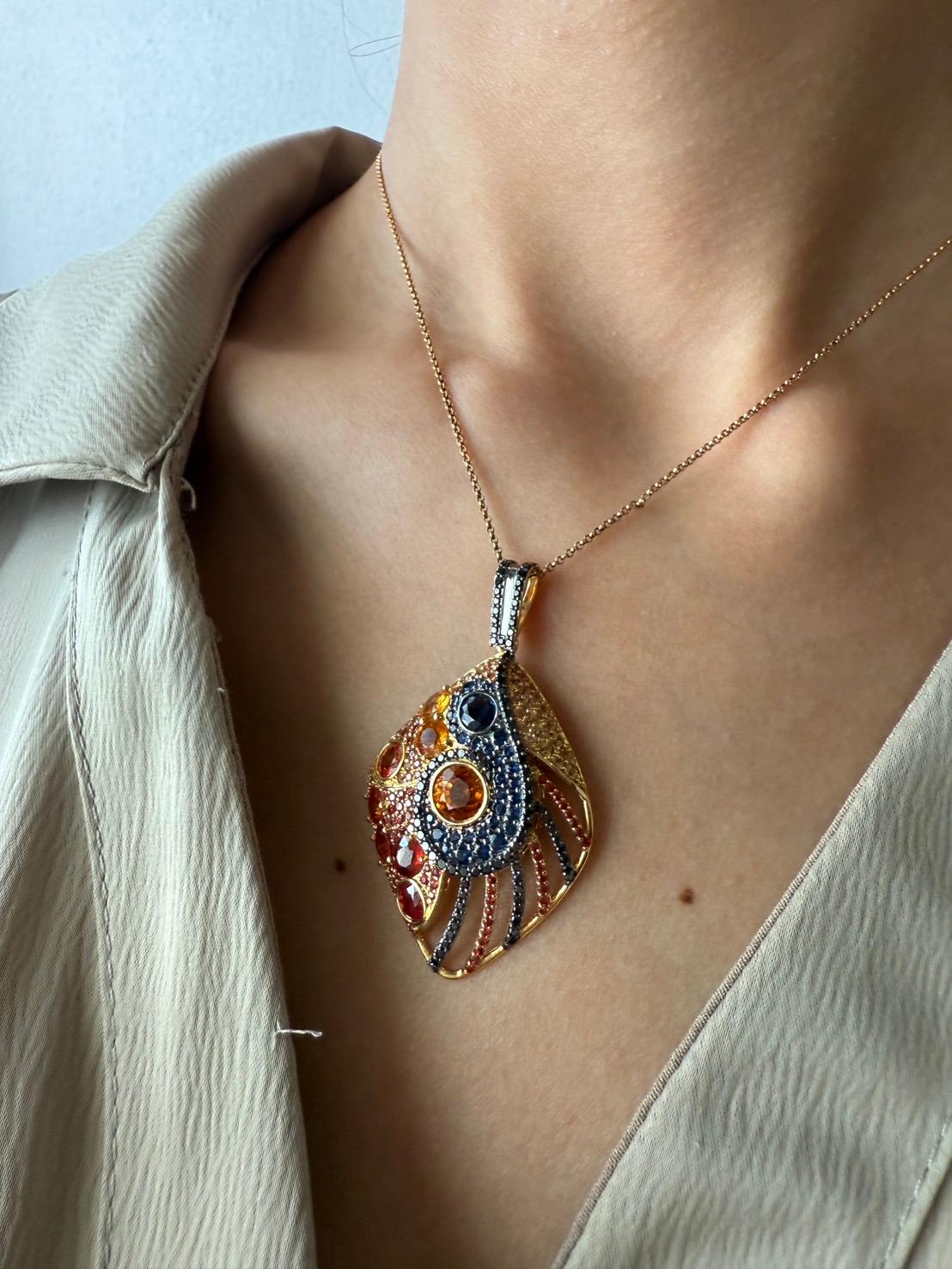 18K Yellow Gold Pendant Black Diamond With Blue Sapphire and Orange Sapphire For Sale 11