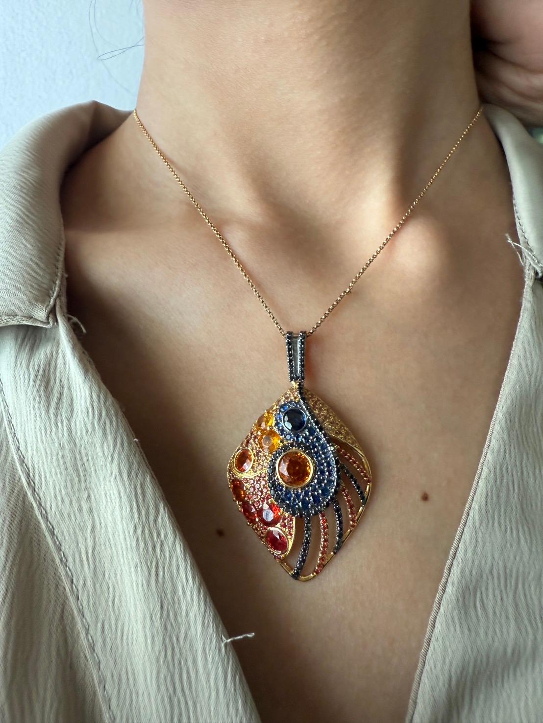 18K Yellow Gold Pendant Black Diamond With Blue Sapphire and Orange Sapphire For Sale 12