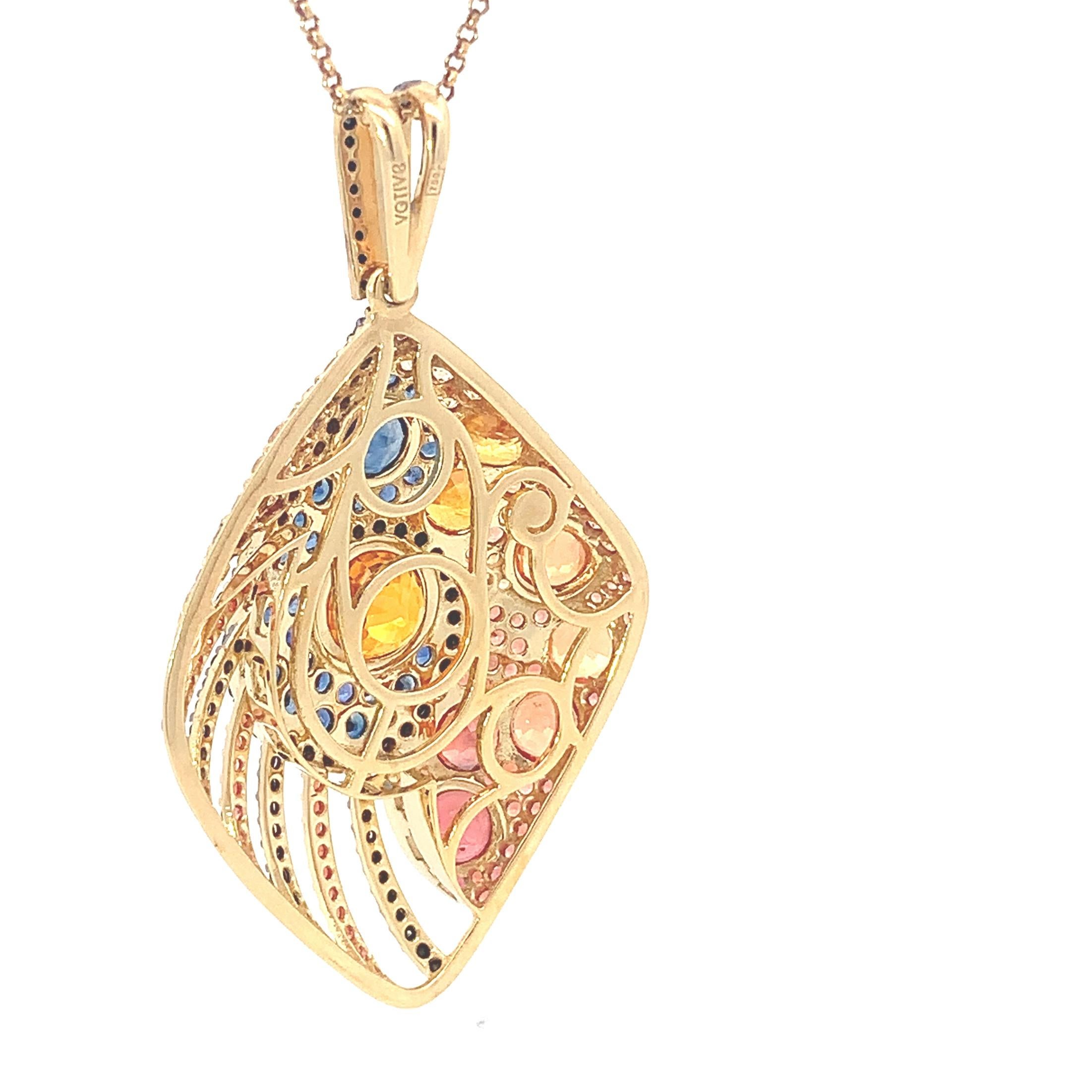 Round Cut 18K Yellow Gold Pendant Black Diamond With Blue Sapphire and Orange Sapphire For Sale
