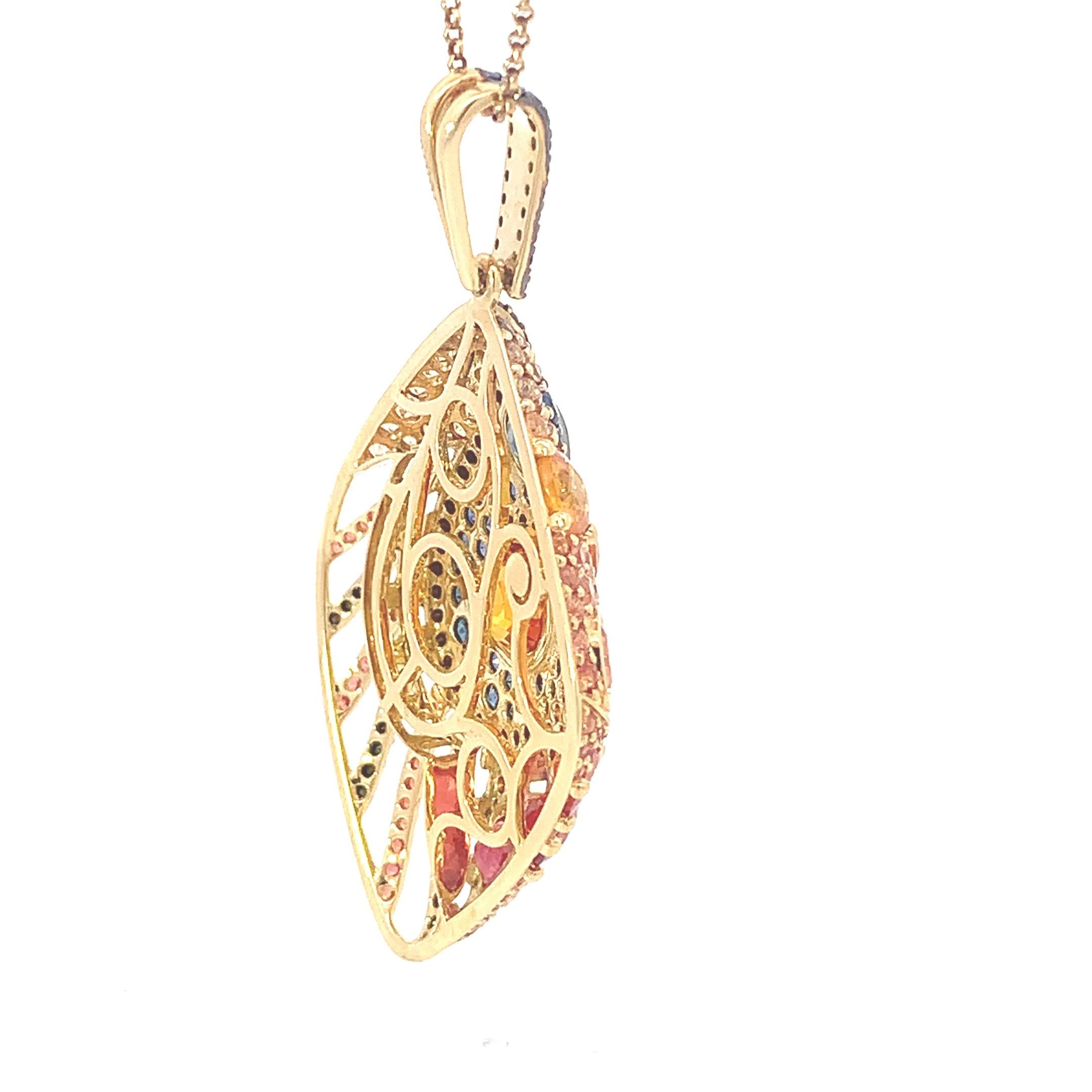 18K Yellow Gold Pendant Black Diamond With Blue Sapphire and Orange Sapphire In New Condition For Sale In ประเวศ, TH