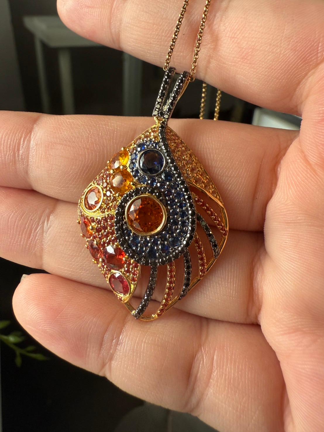 Women's 18K Yellow Gold Pendant Black Diamond With Blue Sapphire and Orange Sapphire For Sale