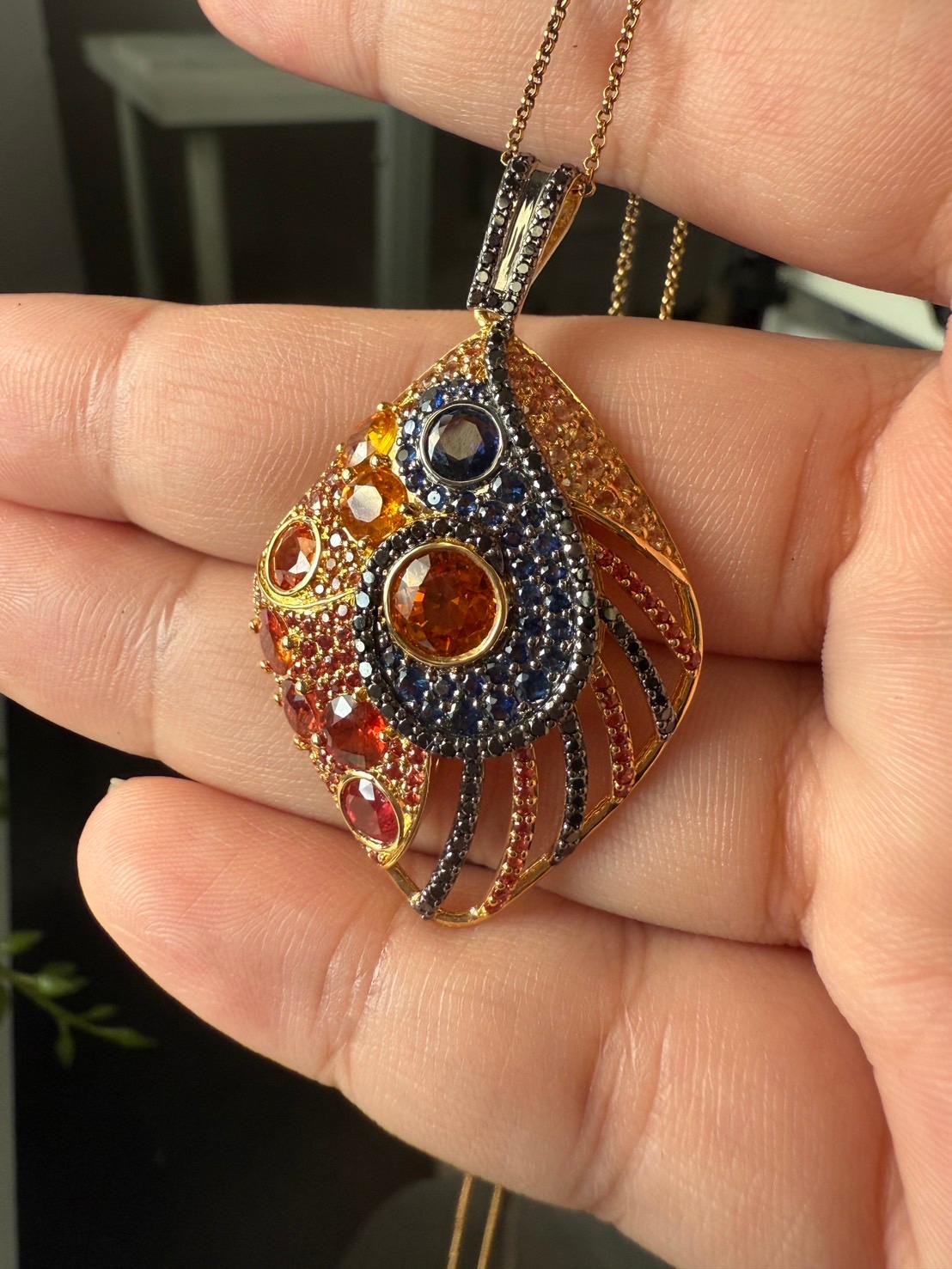 18K Yellow Gold Pendant Black Diamond With Blue Sapphire and Orange Sapphire For Sale 1