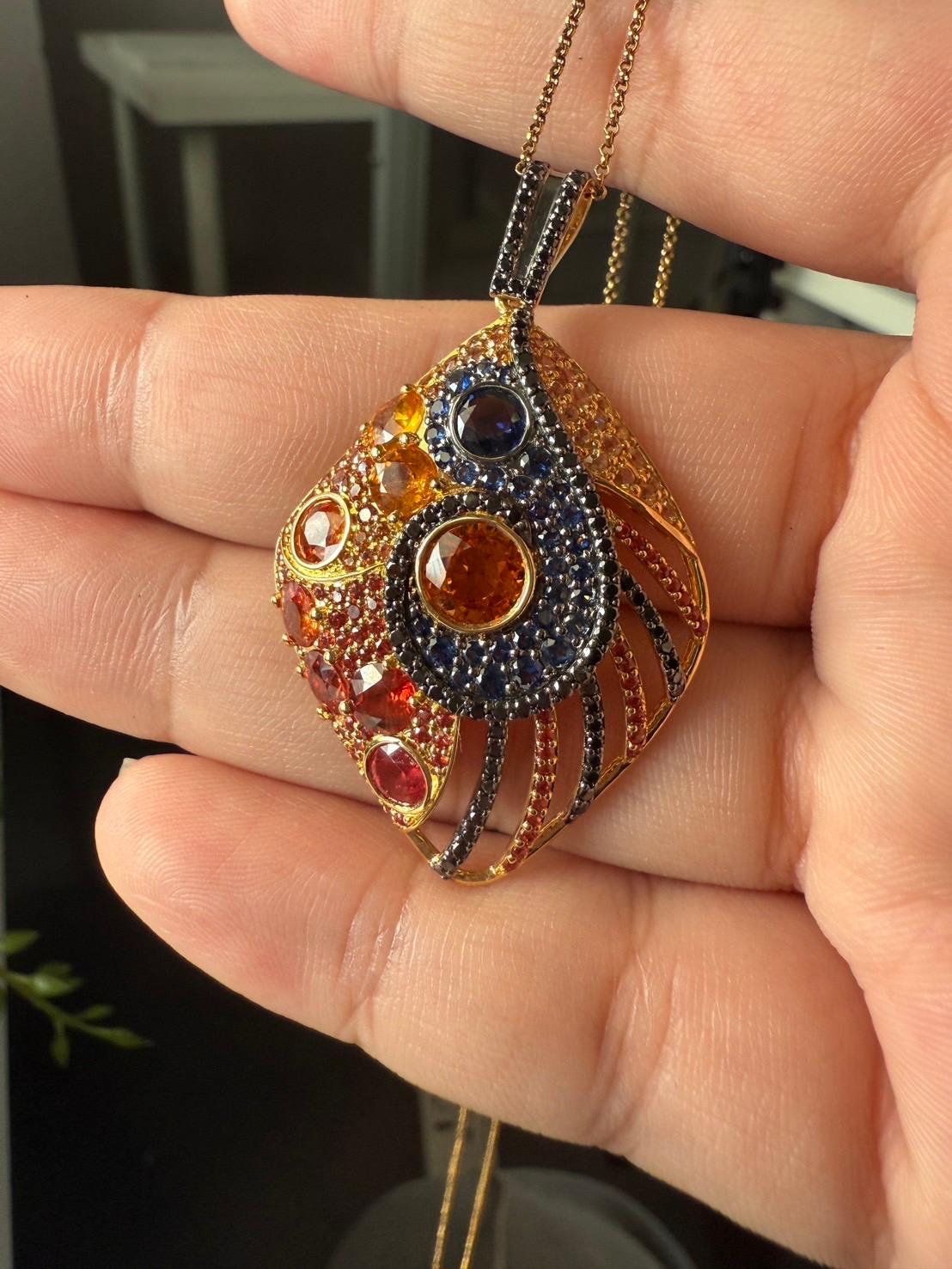 18K Yellow Gold Pendant Black Diamond With Blue Sapphire and Orange Sapphire For Sale 2