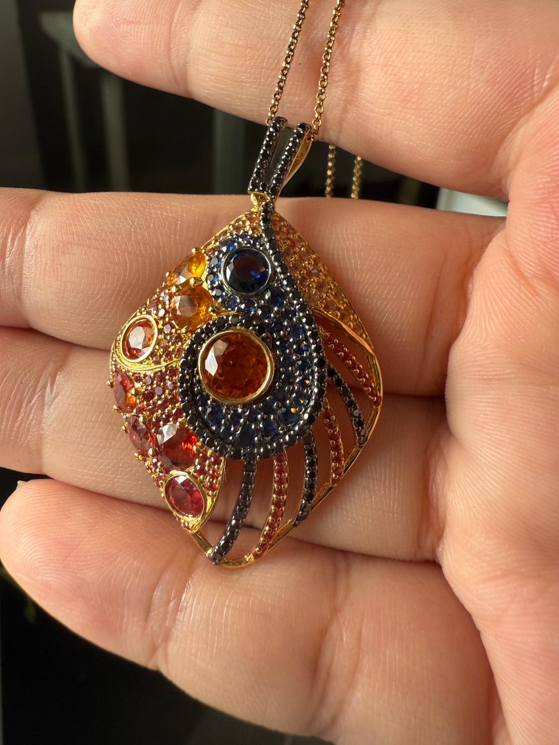 18K Yellow Gold Pendant Black Diamond With Blue Sapphire and Orange Sapphire For Sale 3