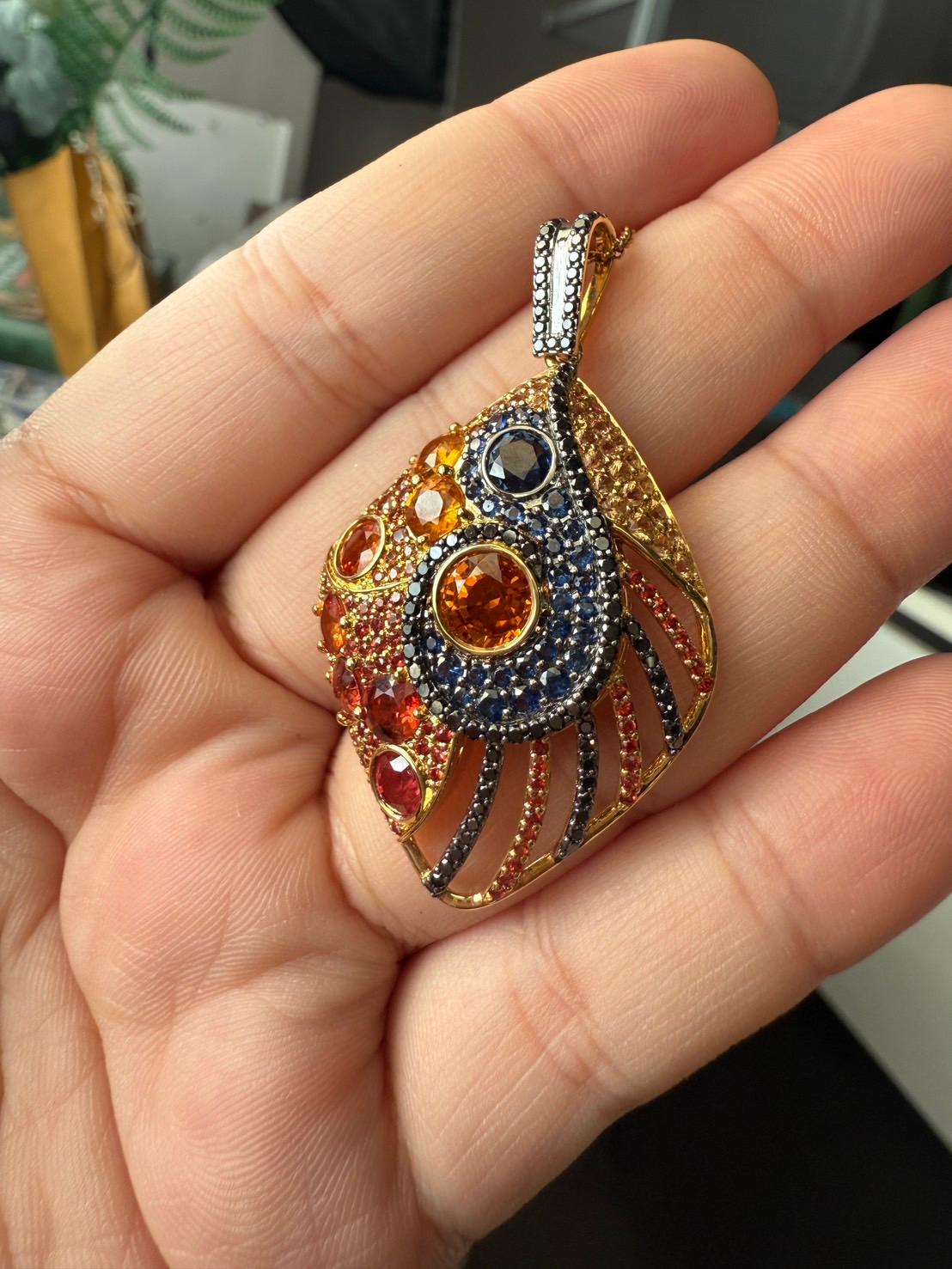 18K Yellow Gold Pendant Black Diamond With Blue Sapphire and Orange Sapphire For Sale 4