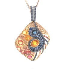 18K Yellow Gold Pendant Black Diamond With Blue Sapphire and Orange Sapphire