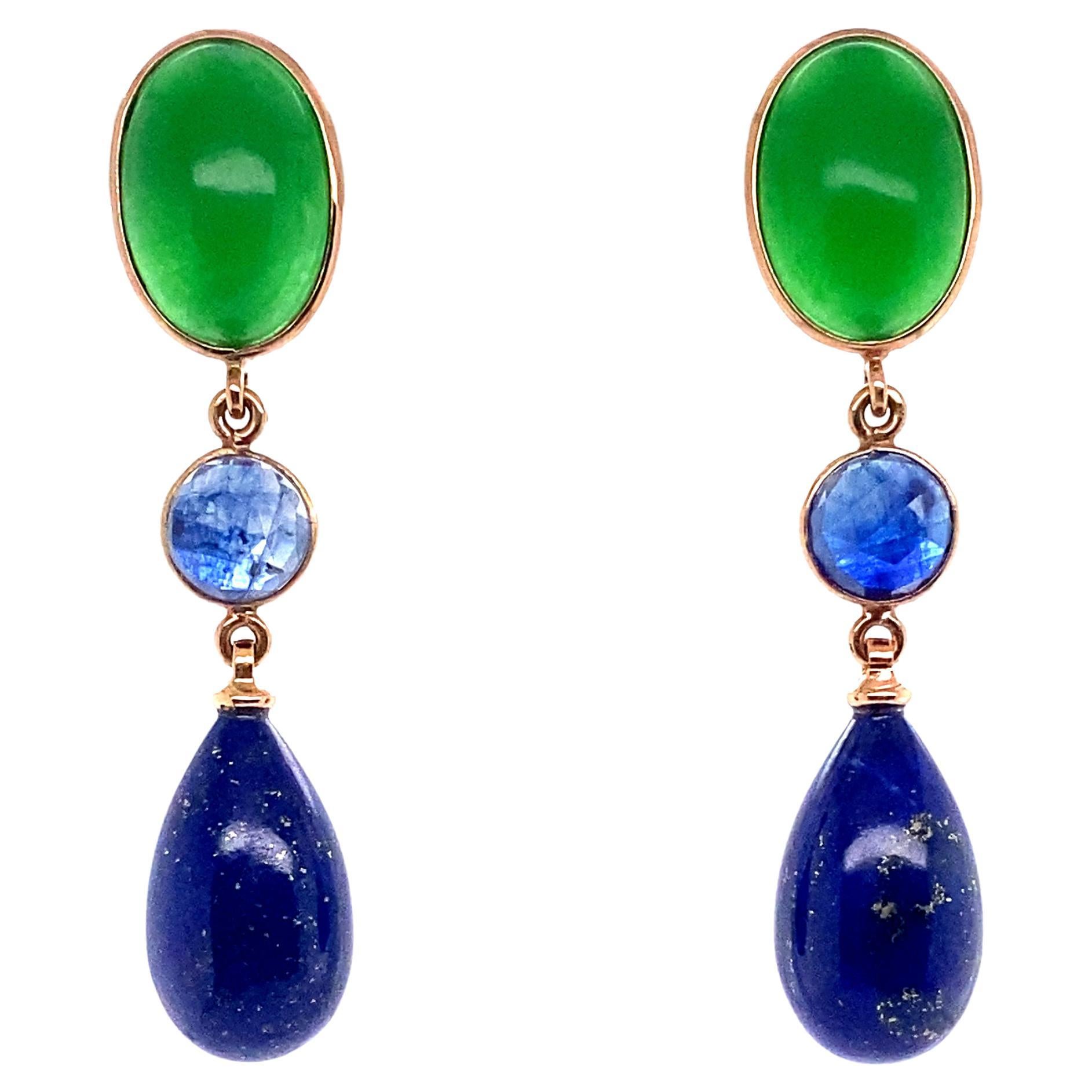 18k Yellow Gold Pendant Earrings with Green Agatha, Blue Sapphire, Lapis Lazulis