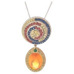 18K Yellow Gold Pendant White Diamond Sapphires Tsavorite and Opal Fire