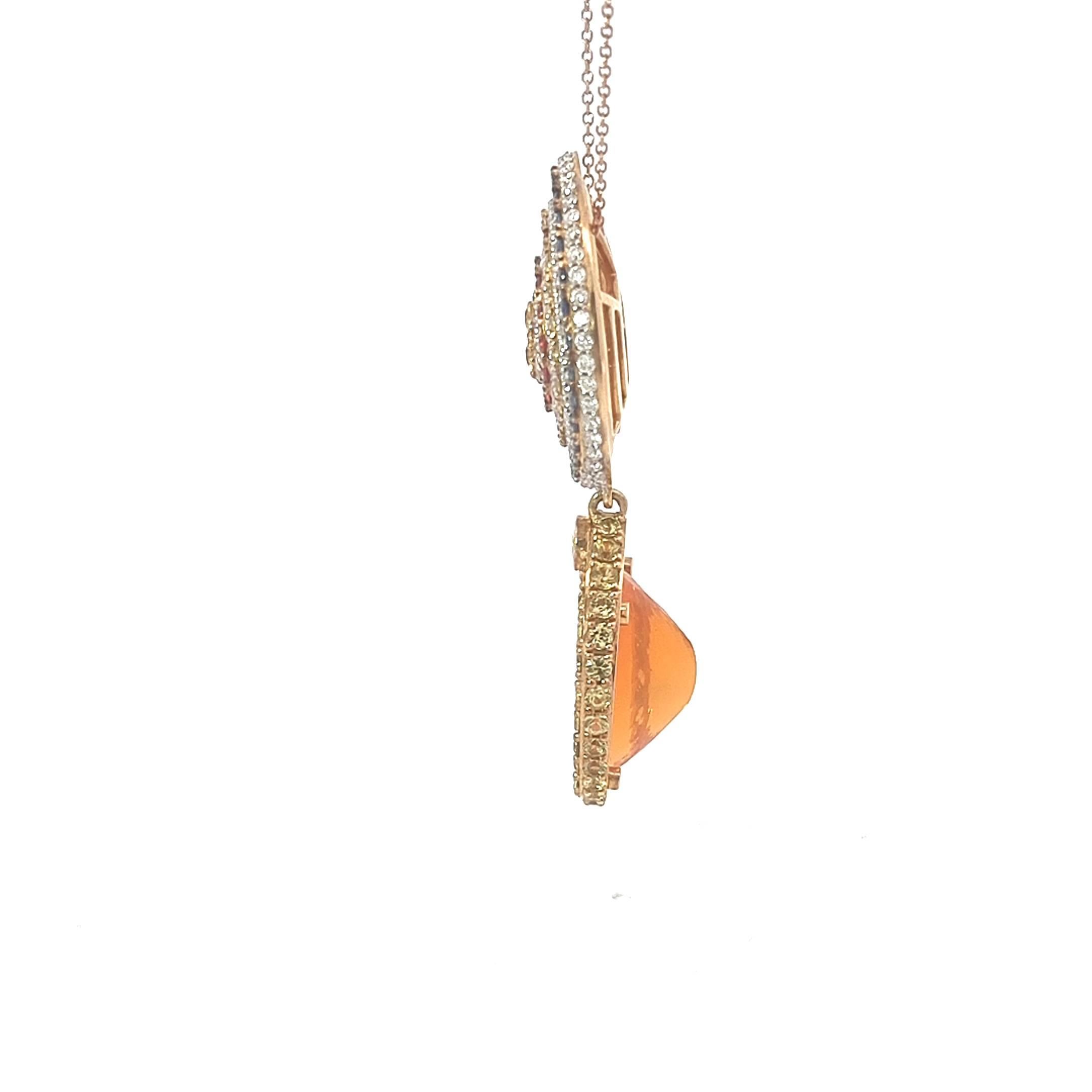 Pendentif en or jaune 18K Diamant blanc Saphirs Tsavorite et Opale Feu en vente 4