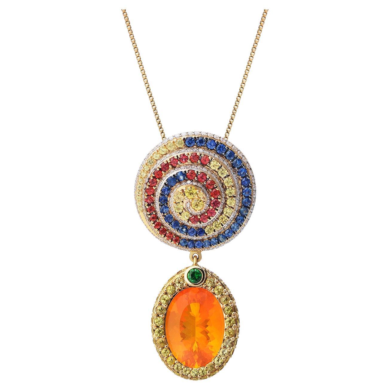 18K Yellow Gold Pendant White Diamond Sapphires Tsavorite and Opal Fire