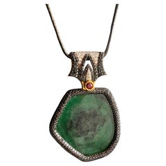 18K Yellow Gold Pendant with Emerald, Black Diamonds and Rubies - Poison Apple