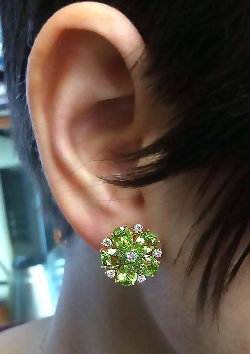Women's 18K Yellow Gold Peridot and Diamond Cluster Earrings For Sale