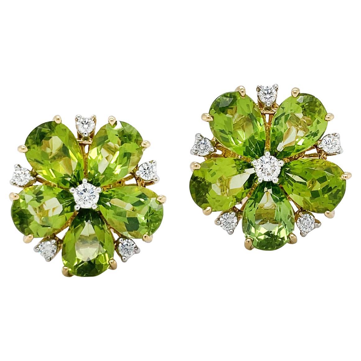 18K Yellow Gold Peridot and Diamond Cluster Earrings