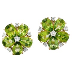 18K Yellow Gold Peridot and Diamond Cluster Earrings