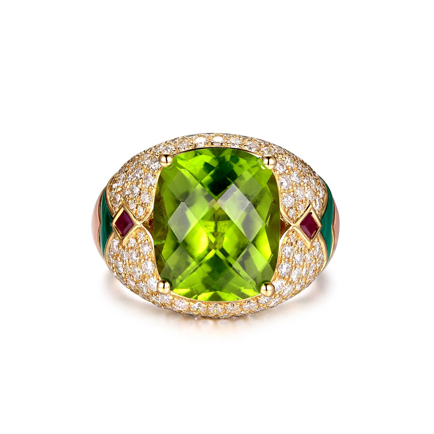 This ring features 7.47 carats of peridot, assented with 1.24 carats of white round diamonds. Malachite and pink opal are handcrafted to fit perfectly into the mounting. 2 princess cut rubies weight 0.12 carat on the side to give more contrast to