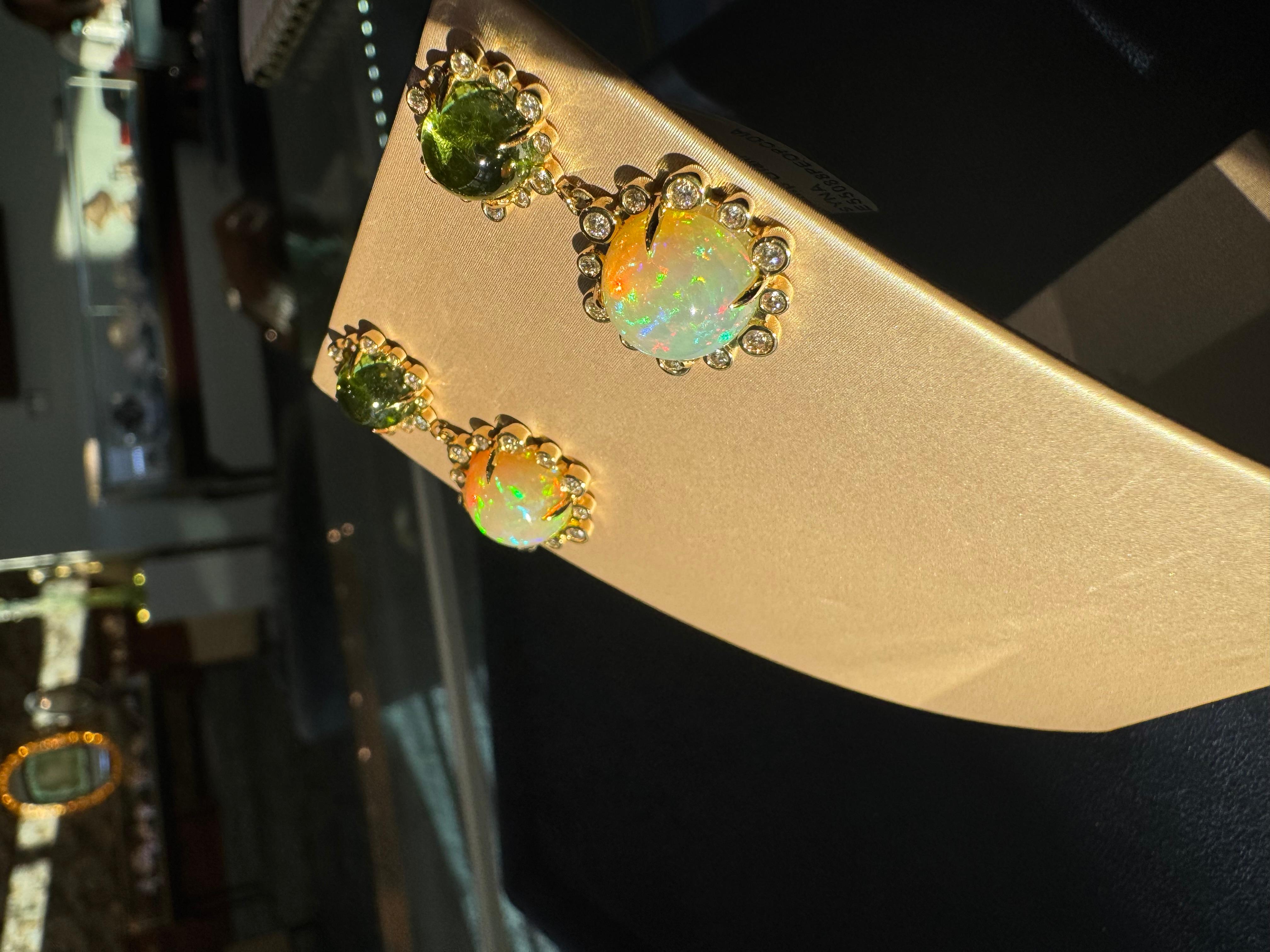 Cabochon 18K Yellow Gold Peridot and Opal Earrings with Pave Diamonds For Sale