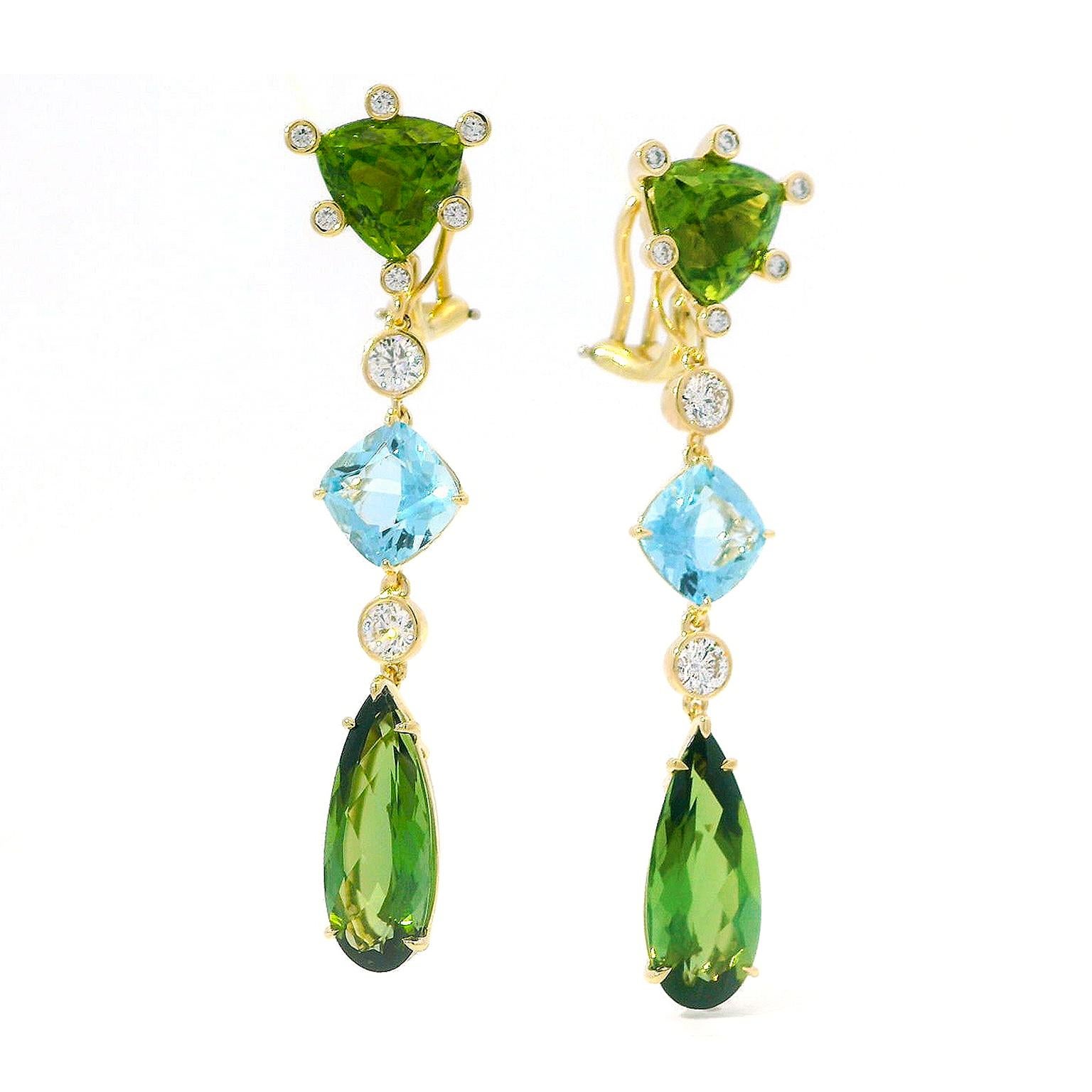 Vibrant gemstones of peridot, aquamarine, and green tourmaline present hues of land and sky with diamonds for these 18k yellow gold drop earrings. A trilliant carving of peridot begins the design, its downturned placement drawing the eye downward. A