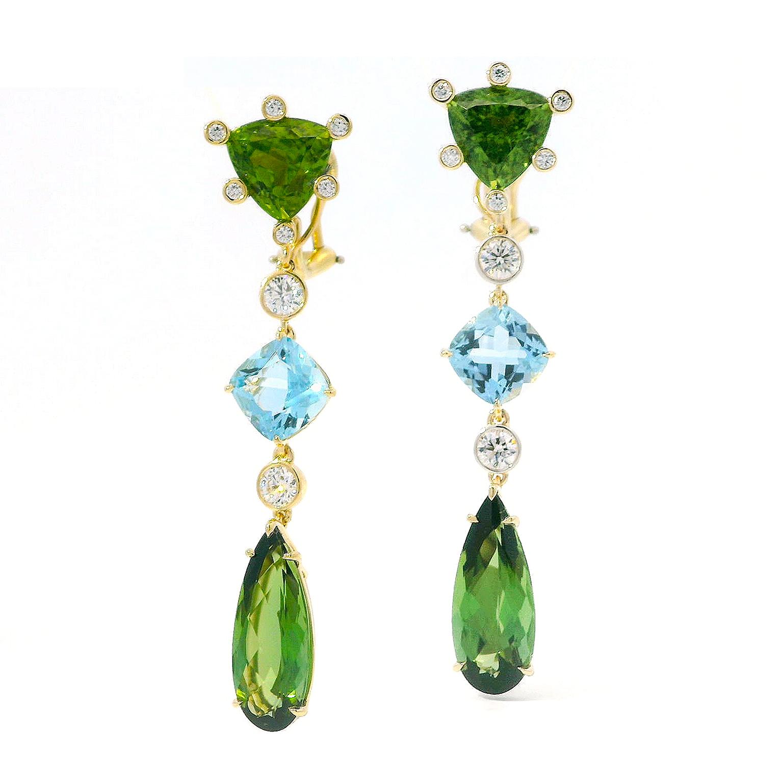 Trillion Cut 18K Yellow Gold Peridot, Aquamarine and Tourmaline Drop Earrings For Sale