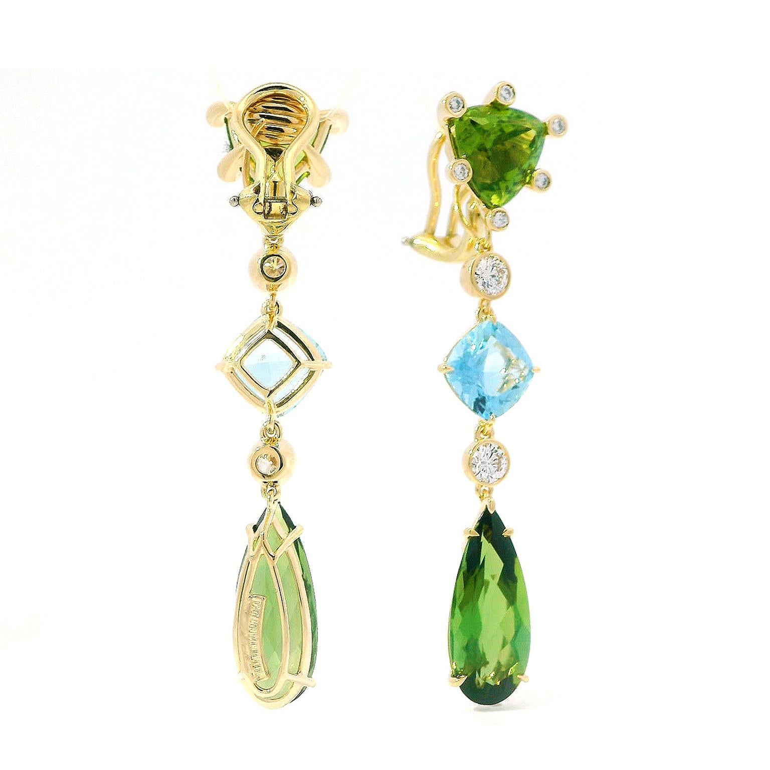 18K Yellow Gold Peridot, Aquamarine and Tourmaline Drop Earrings In New Condition For Sale In New York, NY