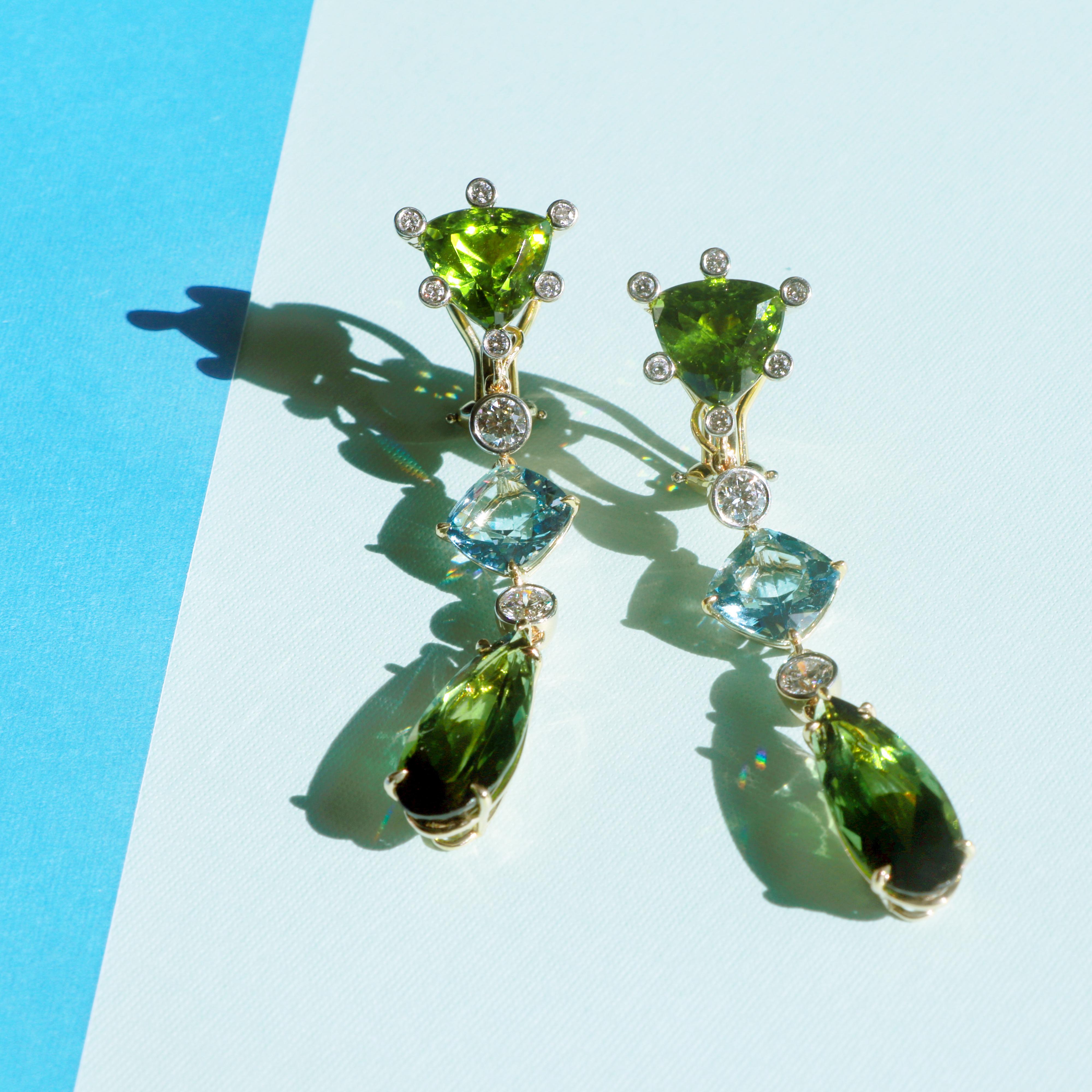 Women's 18K Yellow Gold Peridot, Aquamarine and Tourmaline Drop Earrings For Sale