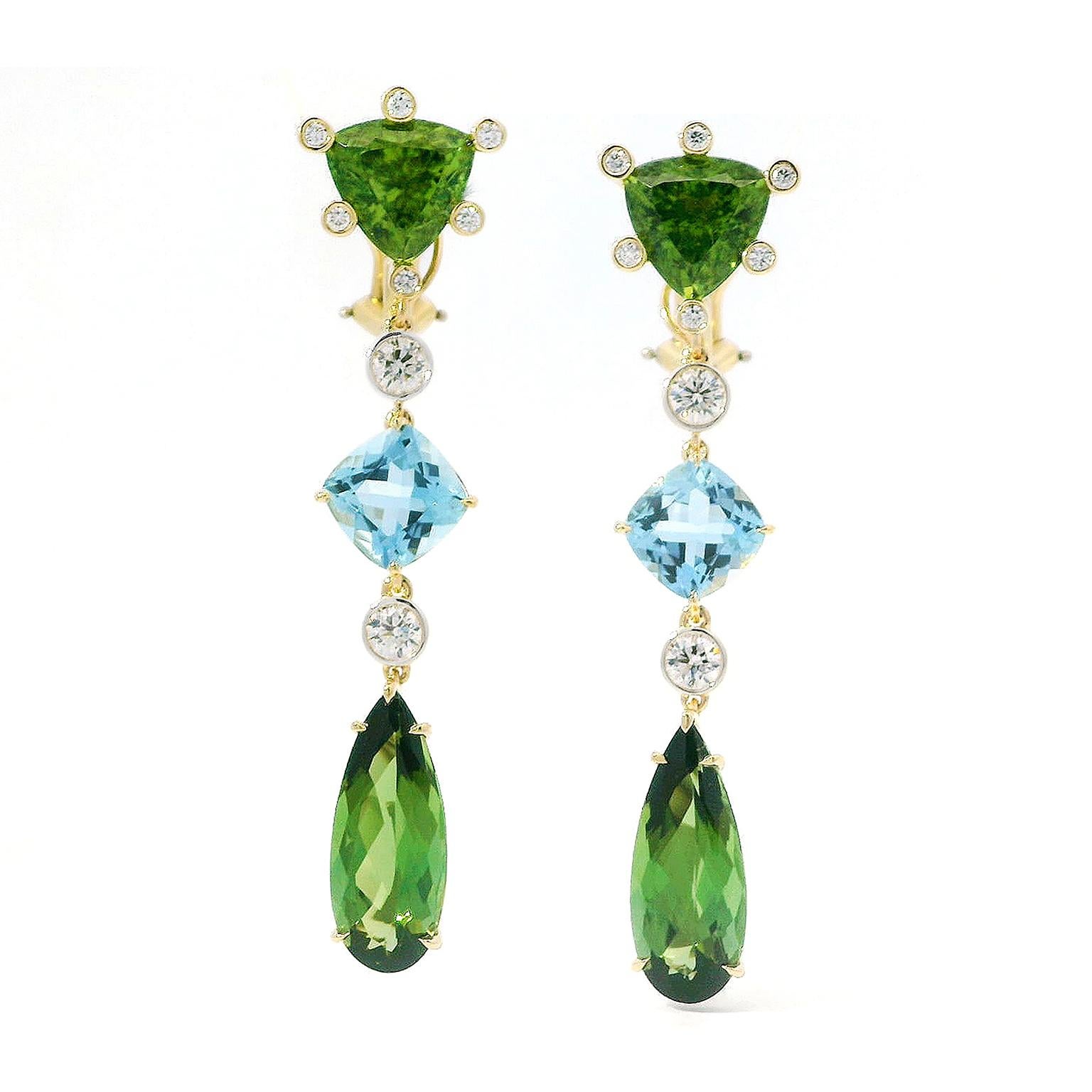 18K Yellow Gold Peridot, Aquamarine and Tourmaline Drop Earrings For Sale 1