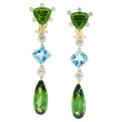 Pendientes de gota de oro amarillo de 18 quilates de peridoto, aguamarina y turmalina